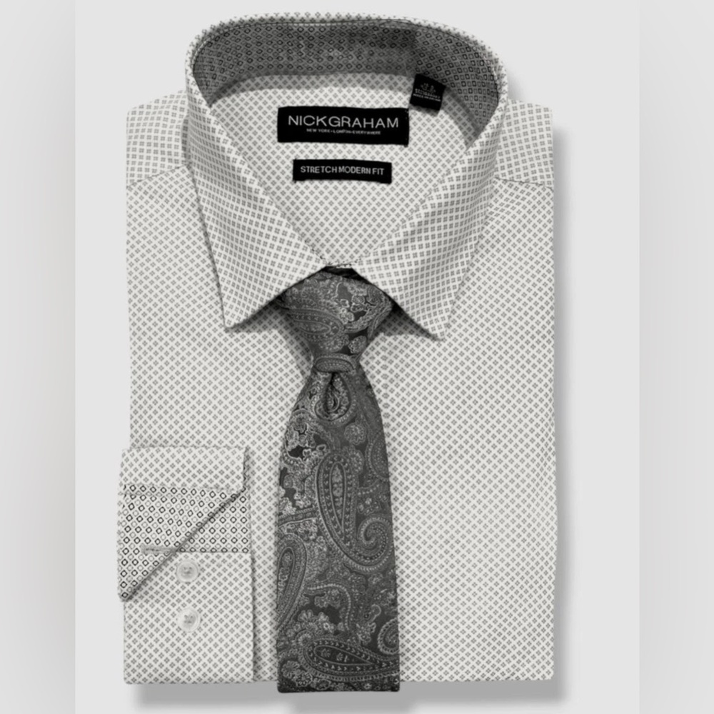 Nick Graham Men's Gray Print Modern Fit Stretch Dress Shirt Sz S/P 14.5-15/32-33